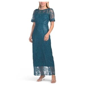 🔹️JS COLLECTIONS 🔹️deep Teal Short Sleeve Tea-length Lace Dress